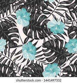 Hibiscus flowers Monstera leaves floral print for fabric vector seamless pattern. Palm leaf for swimsuits endless background. Exotic leaves tropical print.