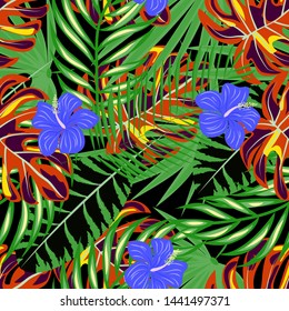 Hibiscus flowers Monstera leaves floral print for fabric vector seamless pattern. Palm leaf for swimsuits endless background. Exotic leaves tropical print.