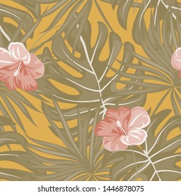 Hibiscus flowers Monstera leaves floral print for fabric vector seamless pattern. Palm leaf for swimsuits endless background. Exotic leaves tropical print.