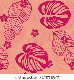 Hibiscus flowers Monstera leaves floral print for fabric vector seamless pattern. Palm leaf for swimsuits endless background. Exotic leaves tropical print.