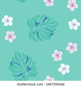 Hibiscus flowers Monstera leaves floral print for fabric vector seamless pattern. Palm leaf for swimsuits endless background. Exotic leaves tropical print.