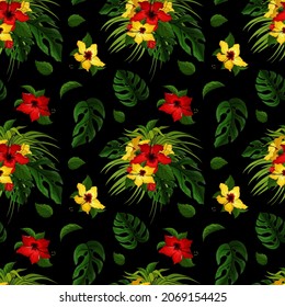 Hibiscus flowers and monstera leaves seamless pattern on black background. Red, yellow, green floral tropical endless texture. Exotic bright boundless background. Summer paradise plants surface design