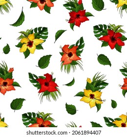 Hibiscus flowers, monstera, palm leaves seamless pattern. Red, yellow, orange, green and white floral tropical endless texture.Exotic bright boundless background. Summer paradise plants surface design