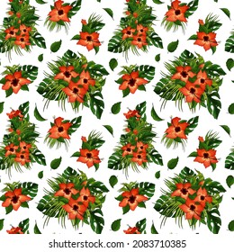 Hibiscus flowers, monstera and palm leaves irregular seamless pattern. Orange, green, white floral tropical endless texture. Exotic bright boundless background. Summer paradise plants surface design