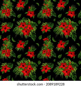 Hibiscus flowers, monstera and palm leaves irregular seamless pattern. Red, green, black floral tropical endless texture. Exotic bright boundless background. Summer paradise plants surface design
