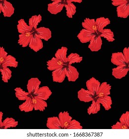 Hibiscus flowers on black background. Seamless pattern. Vector illustration.