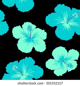 Hibiscus flowers on a black background in a trendy vector style. Hawaiian tropical natural floral seamless pattern in blue colors.