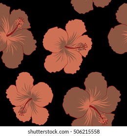 Hibiscus flowers on a black background in a trendy vector style. Hawaiian tropical natural floral seamless pattern in red colors.