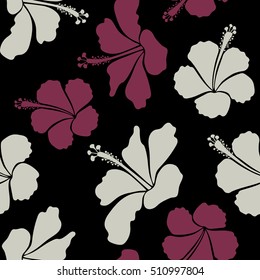 Hibiscus flowers on a black background in a trendy vector style. Hawaiian tropical natural floral seamless pattern in gray and purple colors.