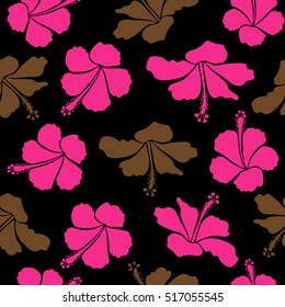 Hibiscus flowers on black background in pink and brown colors.