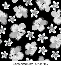 Hibiscus flowers on black background in white, neutral and gray colors.