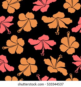 Hibiscus flowers on black background in orange and pink colors.