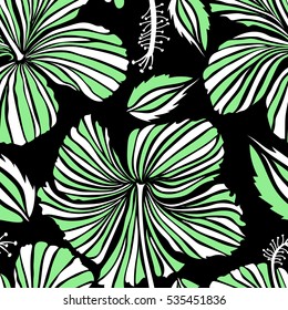 Hibiscus flowers on a black background in a trendy vector style. Hawaiian tropical natural floral seamless pattern in white and green colors.