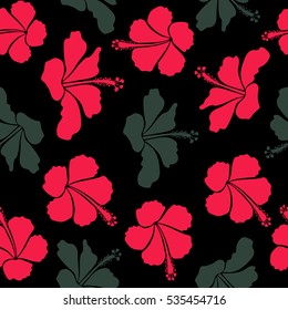 Hibiscus flowers on a black background in a trendy vector style. Hawaiian tropical natural floral seamless pattern in red and green colors.