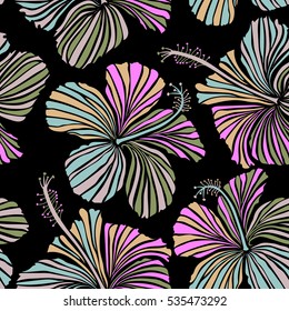 Hibiscus flowers on black background in green, pink and neutral colors.