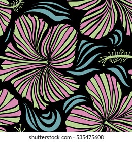Hibiscus flowers on a black background in pink and neutral colors.
