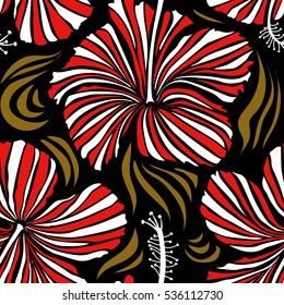 Hibiscus flowers on black background in white and red colors.
