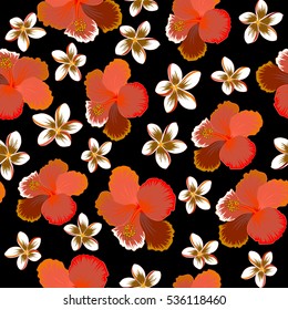 Hibiscus flowers on black background in orange, red and brown colors.