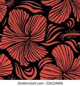 Hibiscus flowers on a black background in a trendy vector style. Hawaiian tropical natural floral seamless pattern in orange colors.