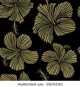 Hibiscus flowers on black background in neutral colors.