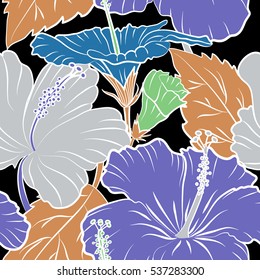 Hibiscus flowers on a black background in a trendy vector style. Hawaiian tropical natural floral seamless pattern in orange, violet and green colors.