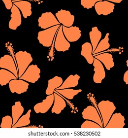 Hibiscus flowers on a black background in a trendy vector style. Hawaiian tropical natural floral seamless pattern in orange colors.