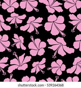 Hibiscus flowers on a black background in a trendy vector style. Hawaiian tropical natural floral in pink colors.