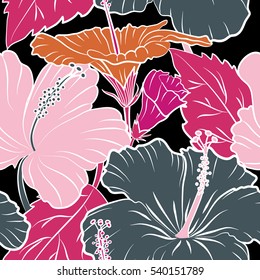 Hibiscus flowers on a black background in a trendy vector style. Hawaiian tropical natural floral seamless pattern in orange and magenta colors.