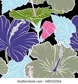 Hibiscus flowers on a black background in a trendy vector style. Hawaiian tropical natural floral seamless pattern in pink and violet colors.