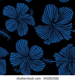 Hibiscus flowers on black background in blue colors.