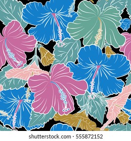 Hibiscus flowers on black background in pink, yellow and blue colors.