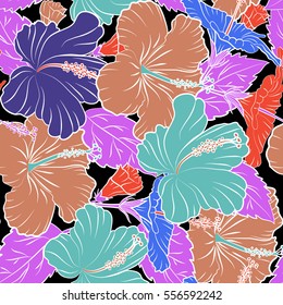 Hibiscus flowers on black background in red, violet and blue colors.