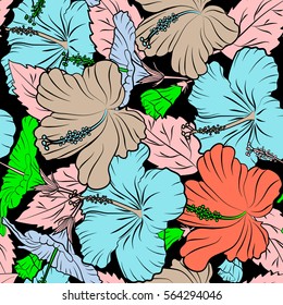 Hibiscus flowers on black background in orange and green colors.