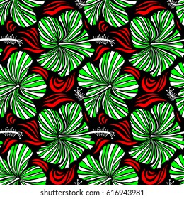 Hibiscus flowers on black background in red and green colors.