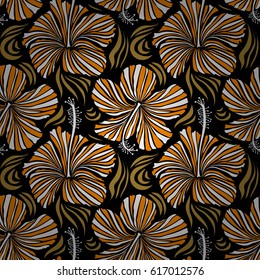 Hibiscus flowers on black background in orange and yellow colors.