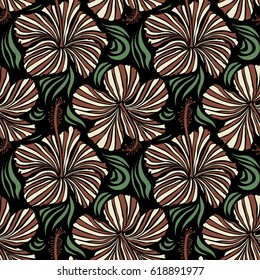 Hibiscus flowers on a black background in a trendy vector style. Hawaiian tropical natural floral seamless pattern in green, brown and beige colors.