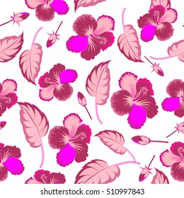 Hibiscus flowers on a white background in a trendy vector style. Hawaiian tropical natural floral seamless pattern in magenta colors.