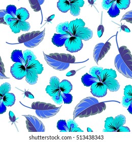 Hibiscus flowers on white background in blue colors.
