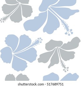 Hibiscus flowers on a white background in a trendy vector style. Hawaiian tropical natural floral seamless pattern in gray and neutral colors.