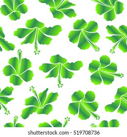 Hibiscus flowers on a white background in a trendy vector style. Hawaiian tropical natural floral seamless pattern in green colors.