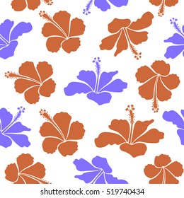 Hibiscus flowers on white background in orange and violet colors.