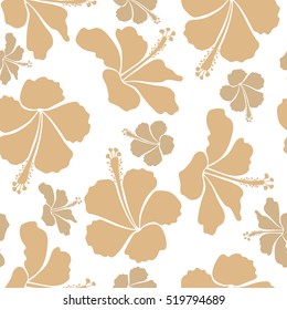 Hibiscus flowers on a white background in a trendy vector style. Hawaiian tropical natural floral seamless pattern in beige colors.