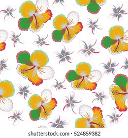 Hibiscus flowers on white background in neutral, orange and pink colors.