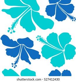 Hibiscus flowers on white background in blue colors.
