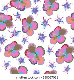 Hibiscus flowers on white background in pink, green and neutral colors.