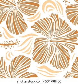 Hibiscus flowers on white background in beige and orange colors.