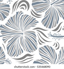 Hibiscus flowers on a white background in a trendy vector style. Hawaiian tropical natural floral seamless pattern in neutral and gray colors.
