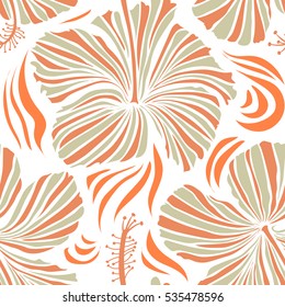 Hibiscus flowers on white background in neutral and orange colors.