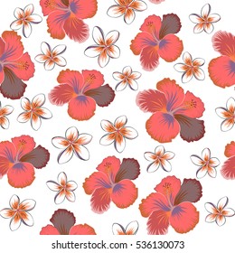 Hibiscus flowers on white background in neutral, orange and pink colors.