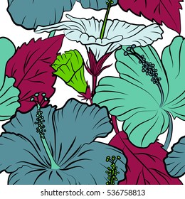 Hibiscus flowers on white background in green and purple colors.